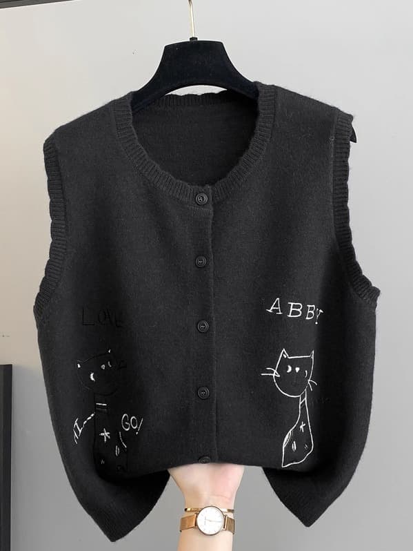 ニットベスト 可愛い猫刺繍入りボタン留め袖なしカーディガン