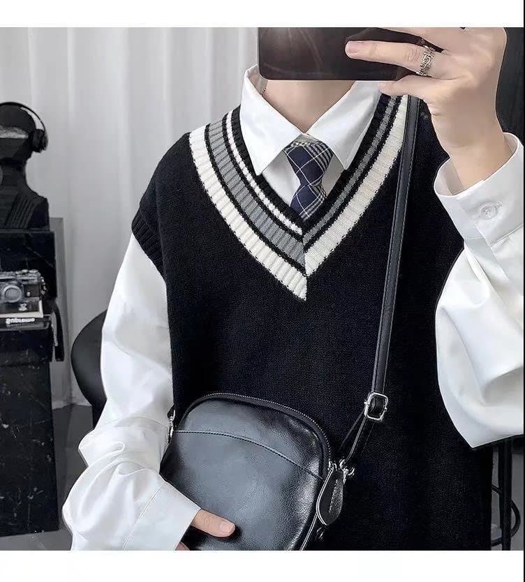 ニットベスト 学院風配色ライン入り袖なしニットベスト