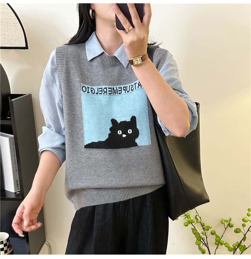 ニットベスト ねこモチーフ柄ゆったりベスト