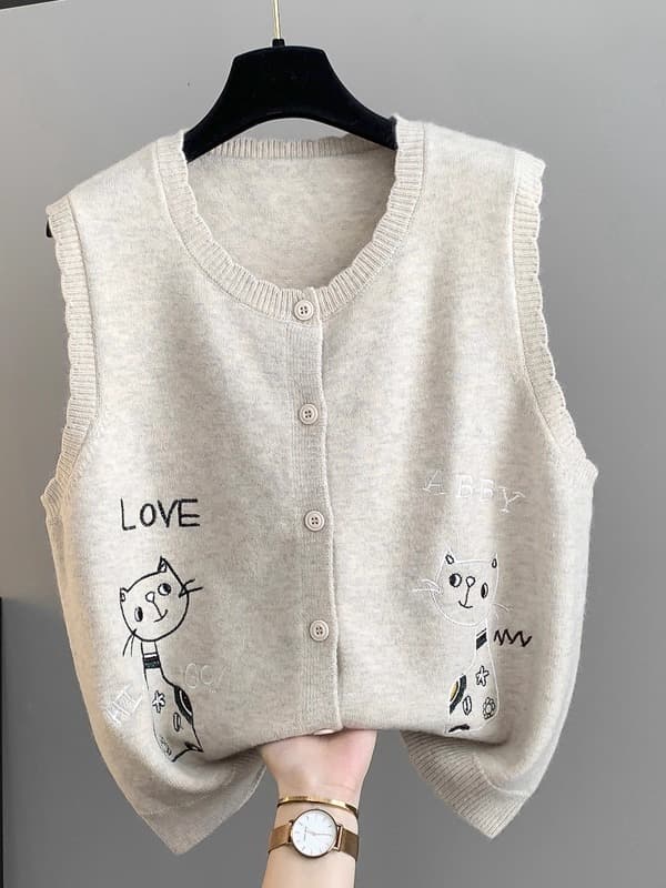 ニットベスト 可愛い猫刺繍入りボタン留め袖なしカーディガン