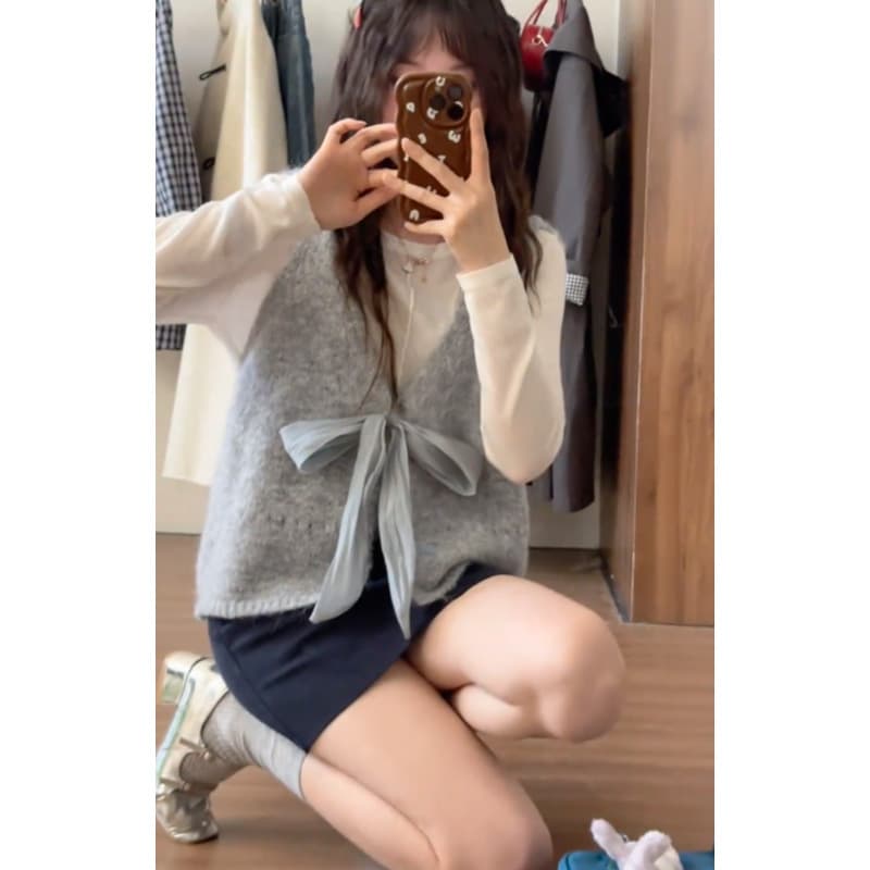 ニットベスト リボン結びふわもこニットベスト